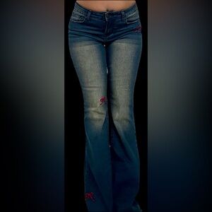 Women’s Blue Flared Jeans with Subtle Red Bow Embroidery